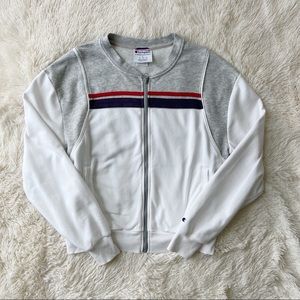 Vintage Champion grey and white zip front purple raspberry stripe sweats…